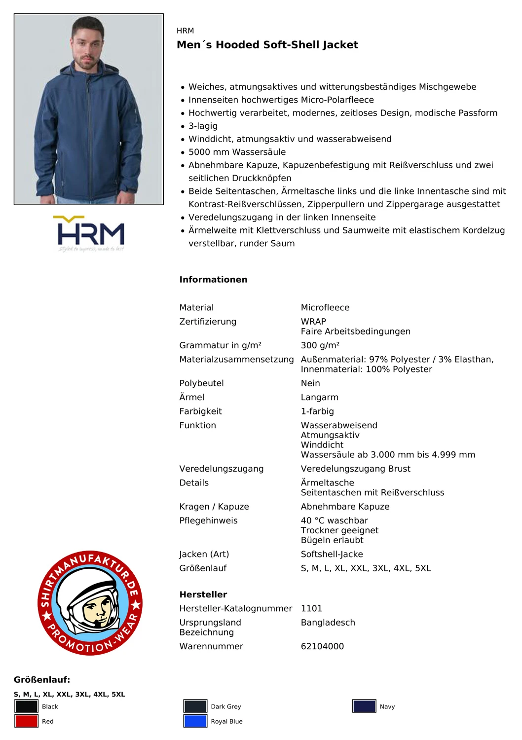 HRM Mens Hooded Softshell Jacket