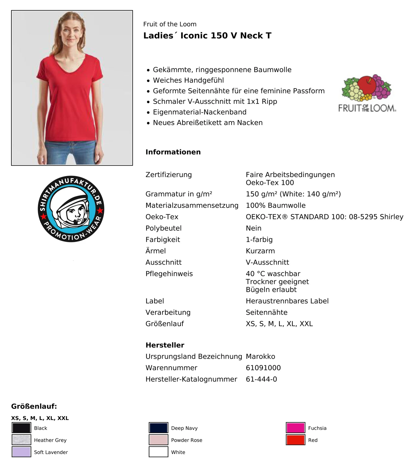 Fruit of the Loom Ladies Iconic 150 V-Neck T
