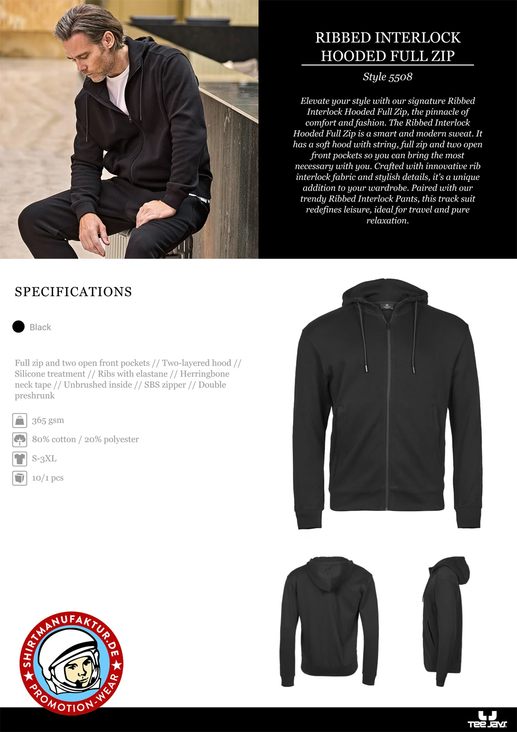 Tee Jays Ribbed Interlock Hooded Full Zip