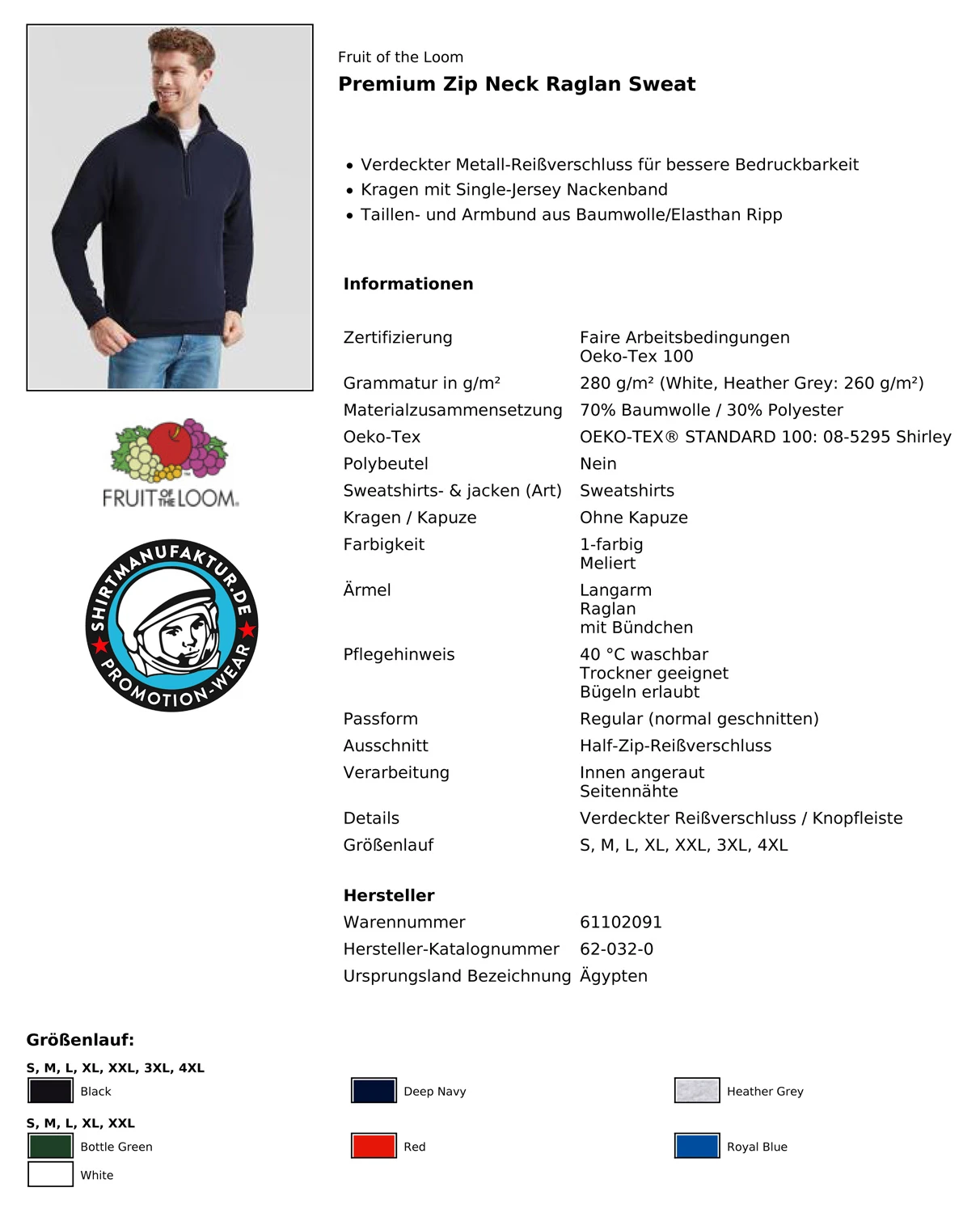 Fruit of the Loom Premium Zip Neck Raglan Sweat