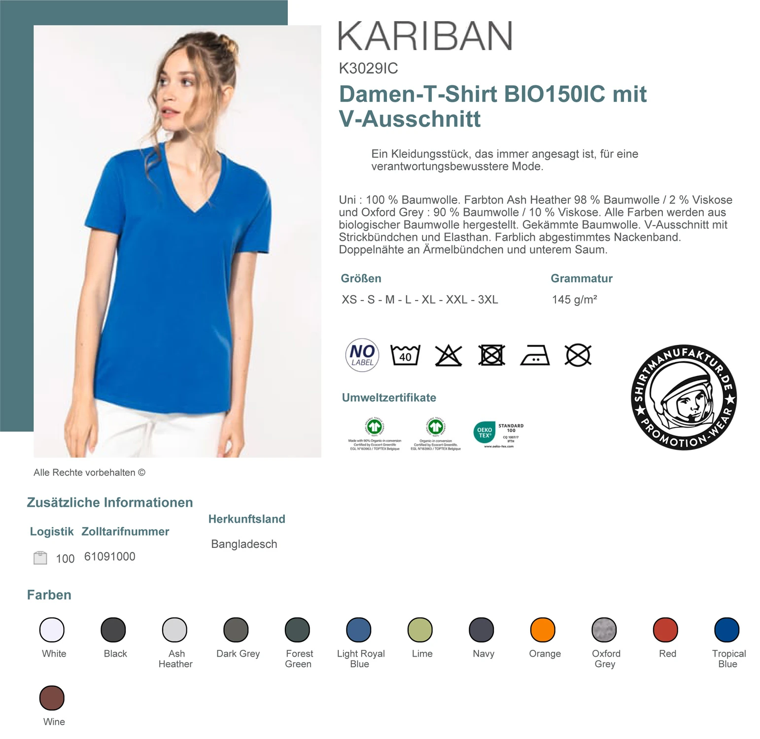 Kariban Ladies Organic V-Neck T-Schirt 150 IC