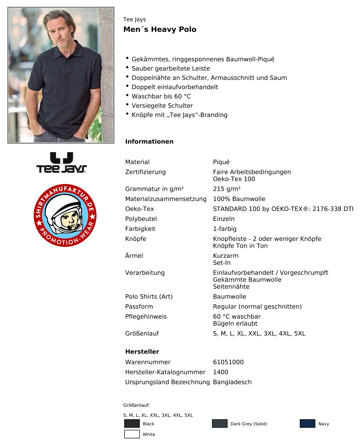 Tee Jays Mens Heavy Polo