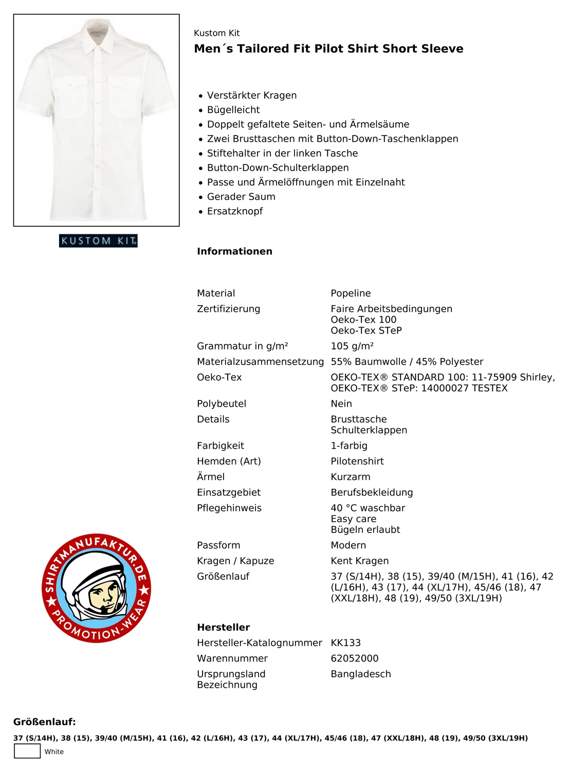 Kustom Kit Tailored Fit Pilot Shirt