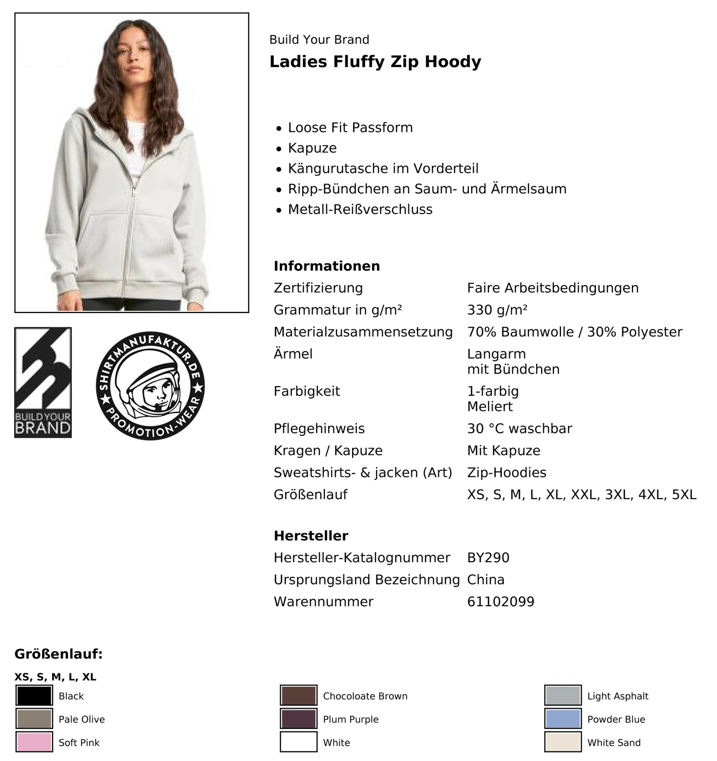 Build Your Brand Ladies Fluffy Zip Hoody
