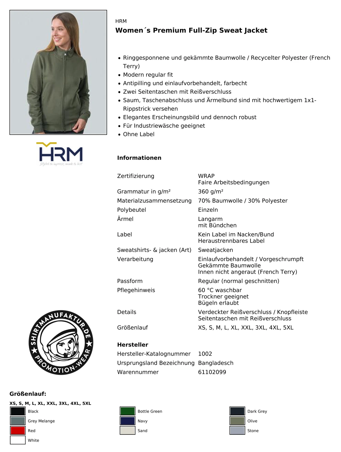 HRM Womens Premium Sweat Jacket