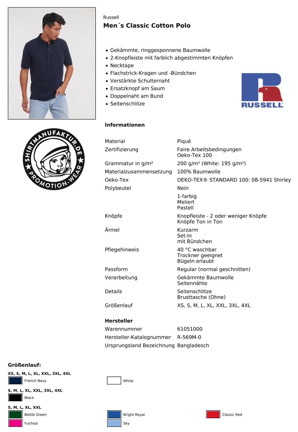 Russell Mens Classic Cotton Polo