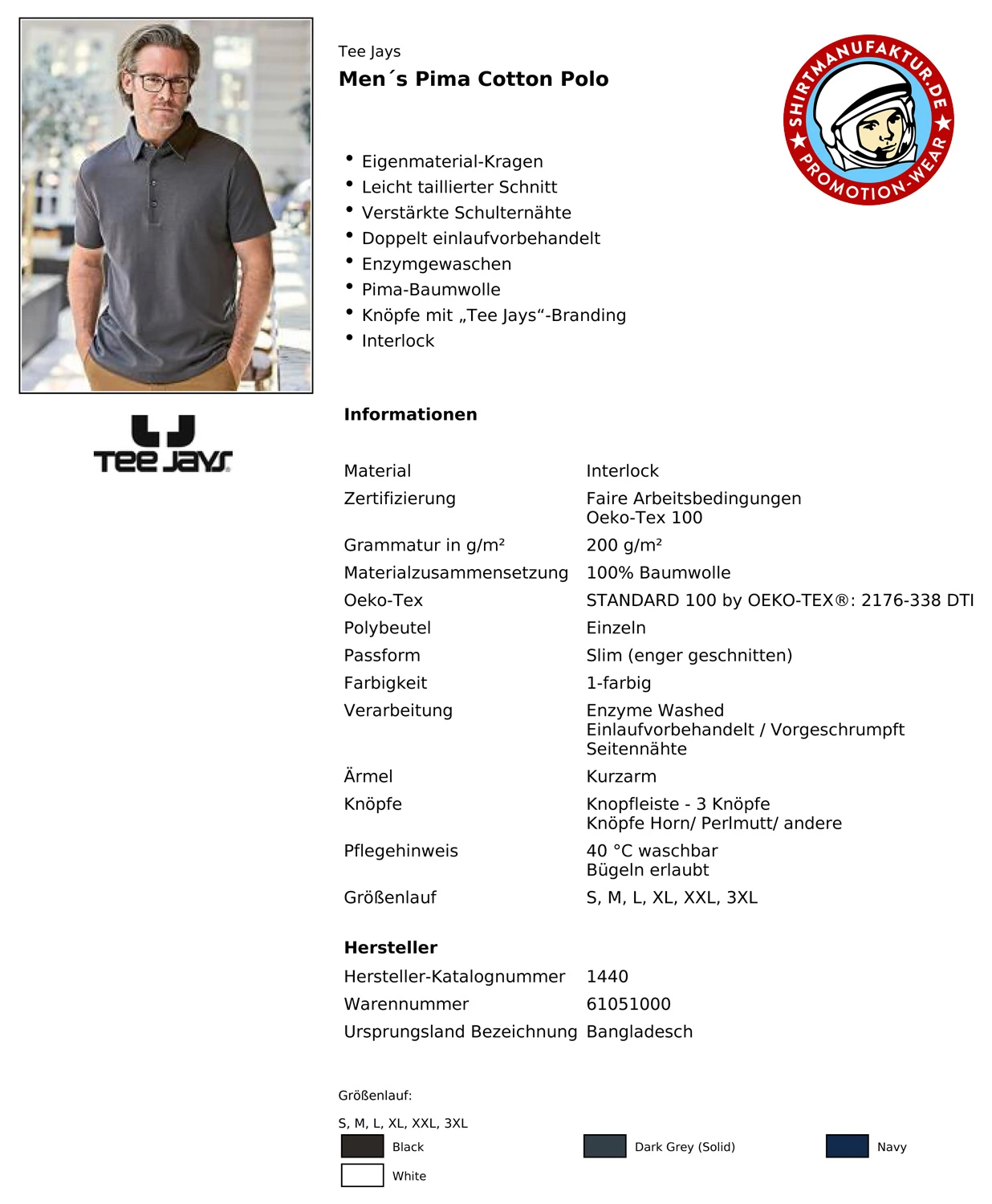 Tee Jays Mens Pima-Cotton Polo