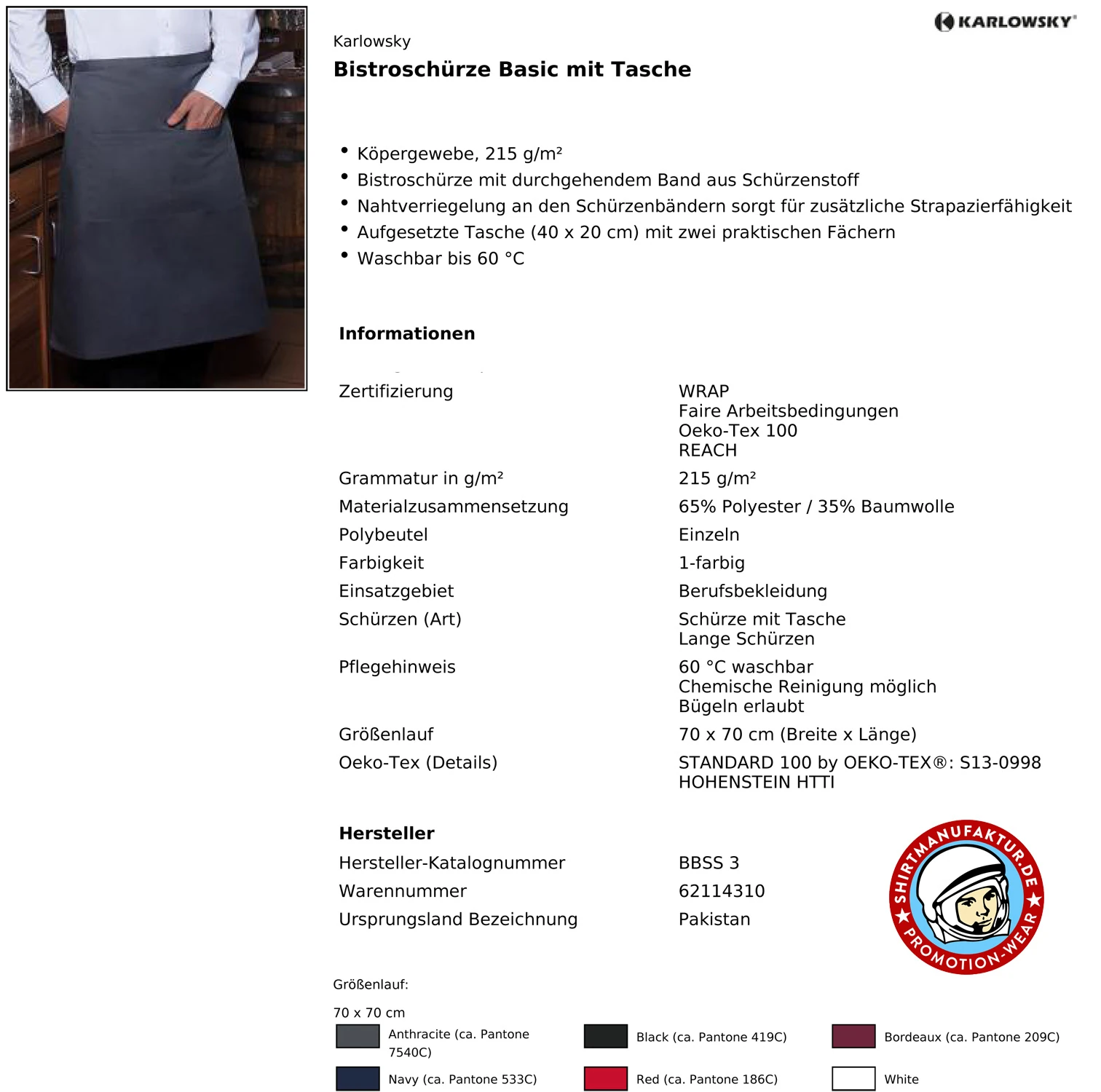 Karlowsky Bistroschürze Basic mit Tasche