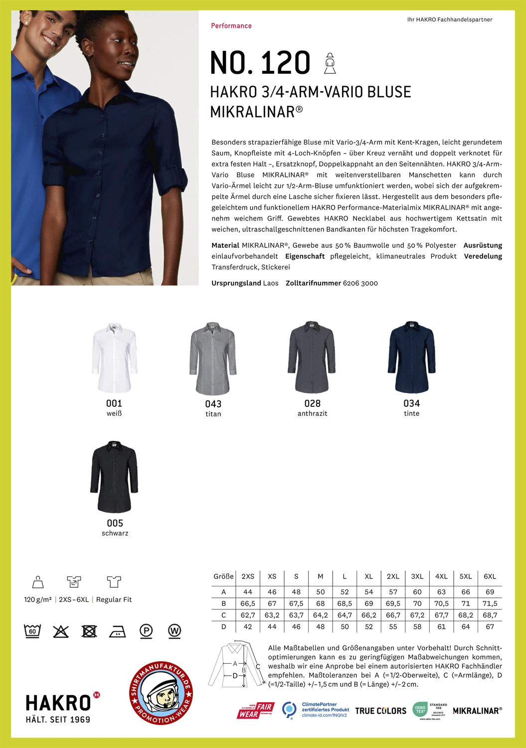 Hakro Ladies 3/4 Sleeve Vario Blouse Mikralinar