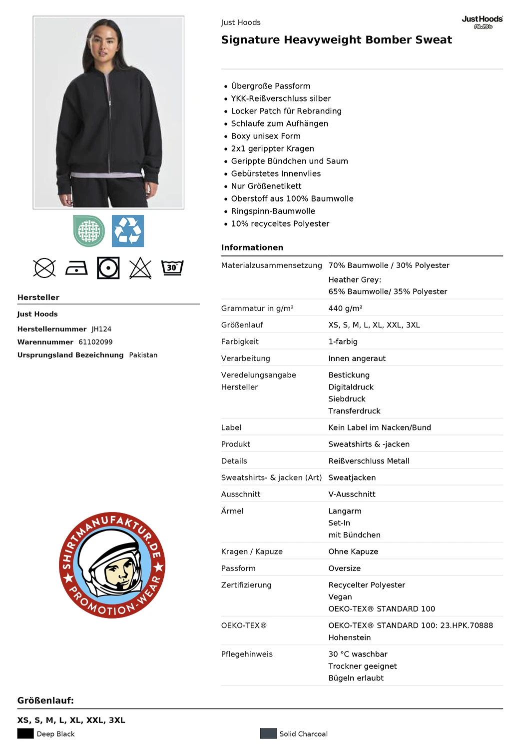 Just Hoods Signature Heavyweight Bomber Sweat