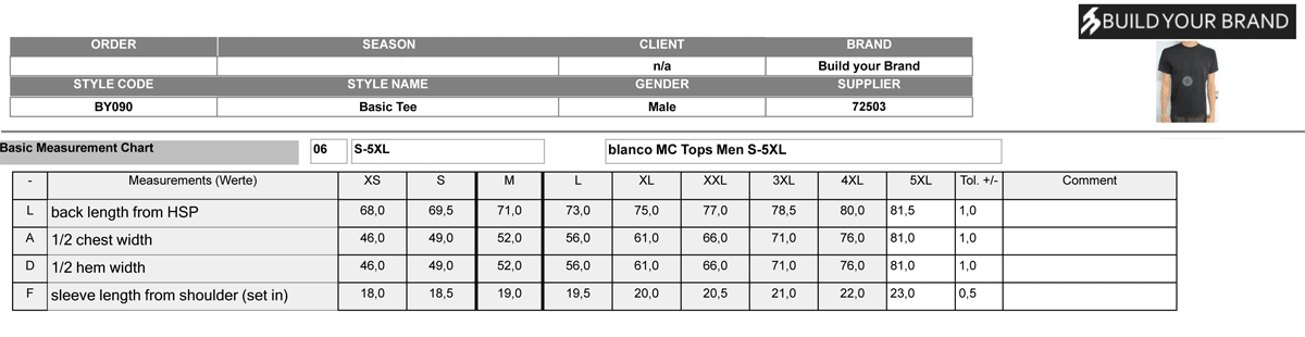 Build Your Brand, Basic T-Shirt BY090, Size-Chart