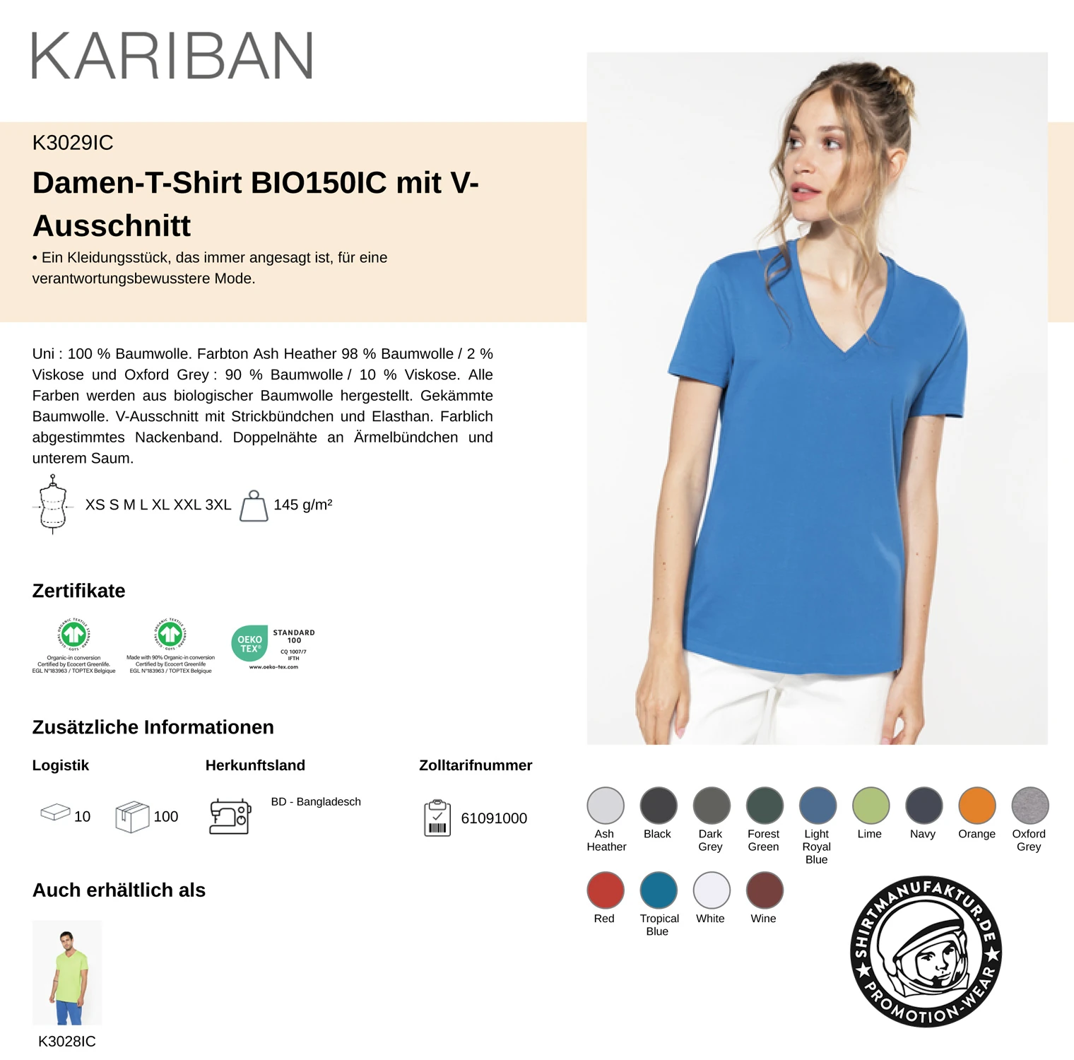 Kariban Ladies Organic V-Neck T-Schirt 150 IC
