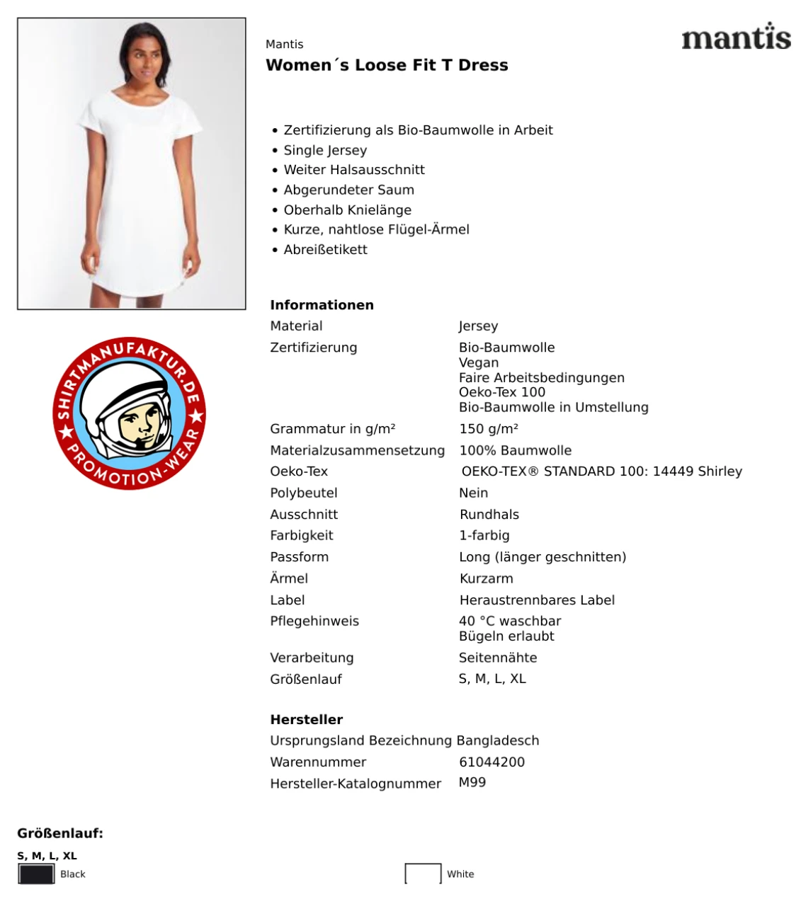 Mantis Womens Loose Fit T Dress