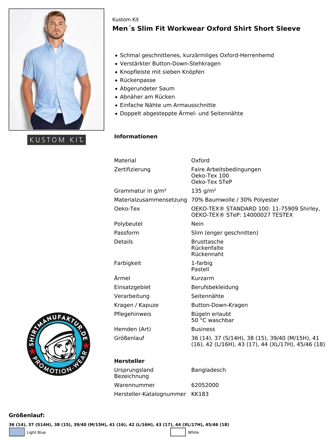 Kustom Kit Slim Fit Workwear Oxford Shirt