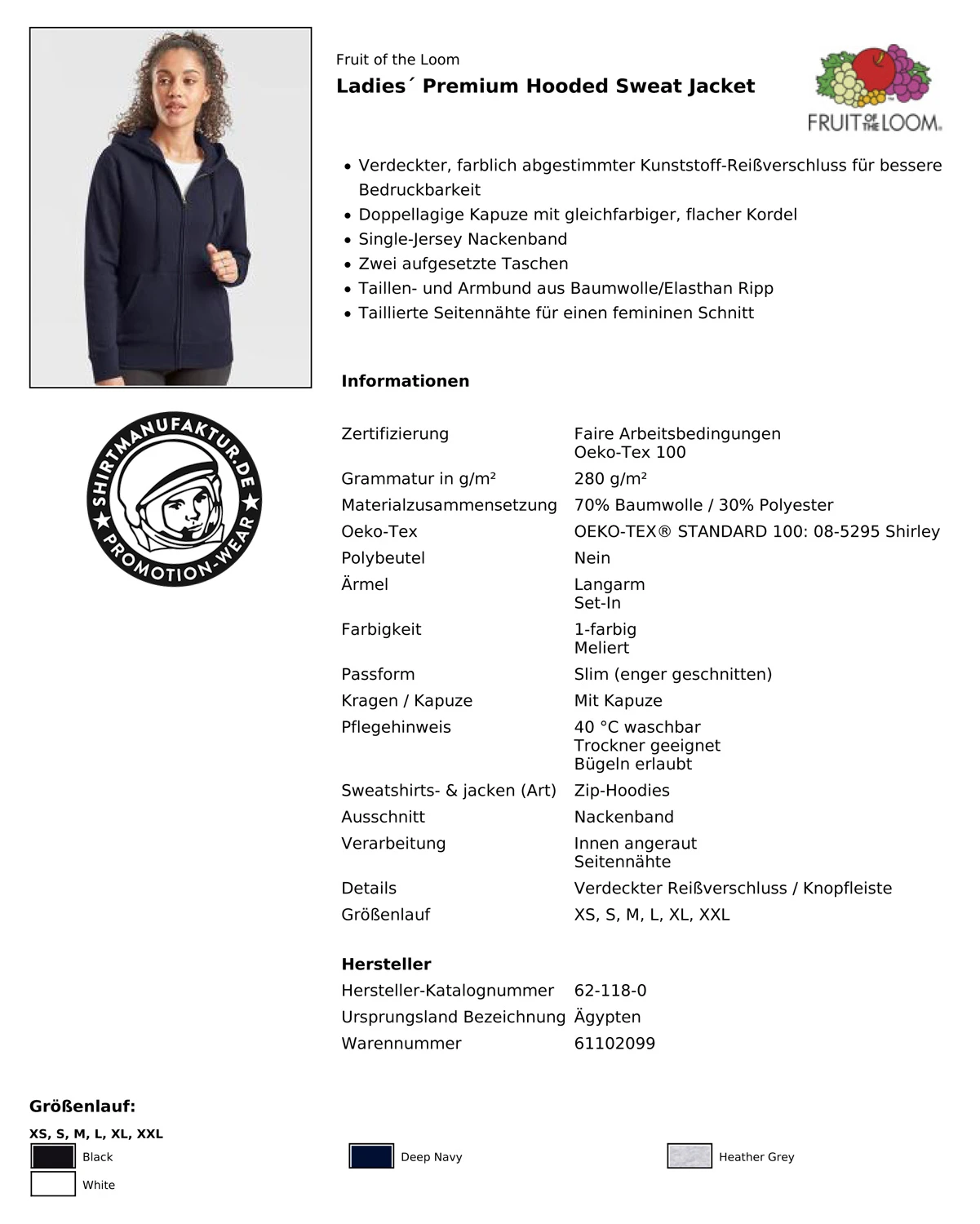 Fruit of the Loom Ladies Premium Hooded Sweat Jacket