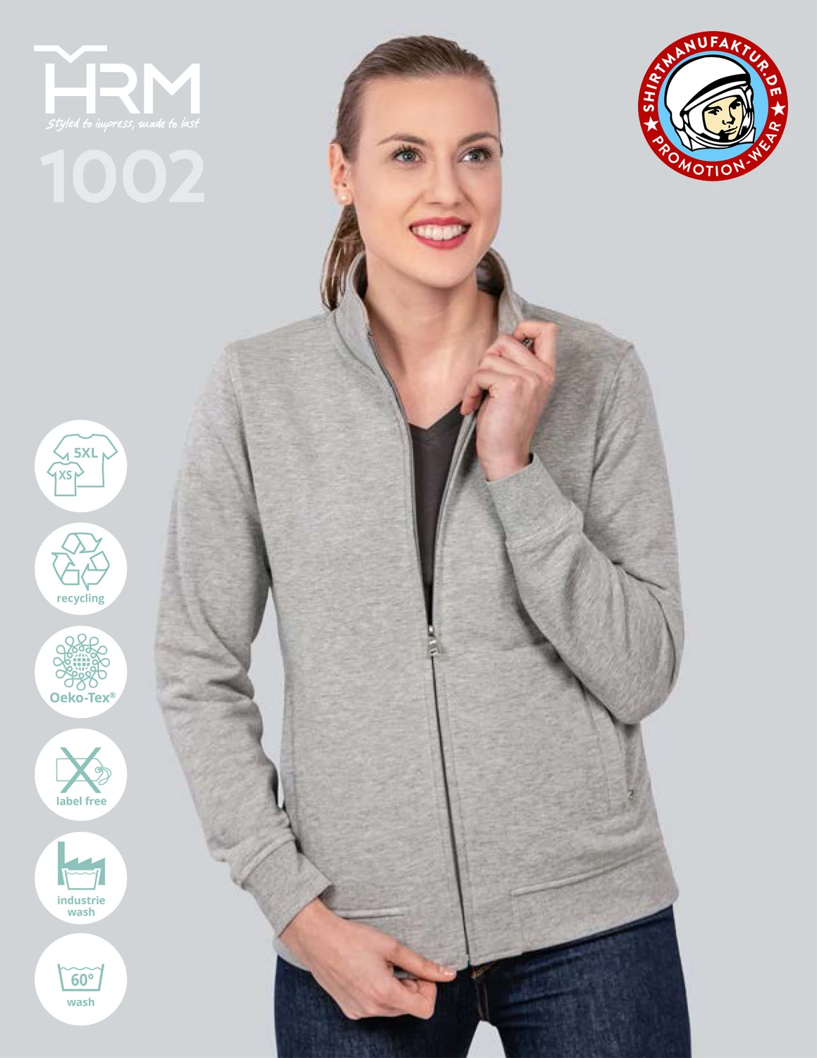 HRM-Textil, sweatjacke grau-meliert