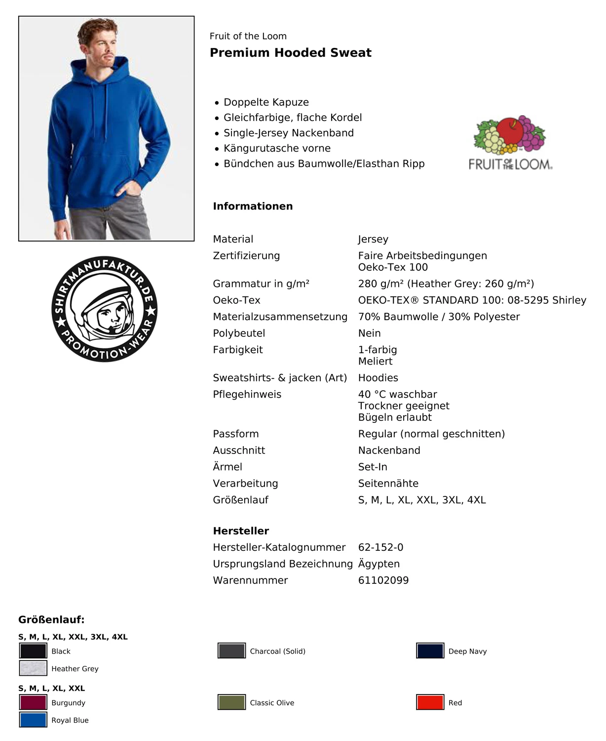 Fruit of the Loom Premium Hooded Sweat