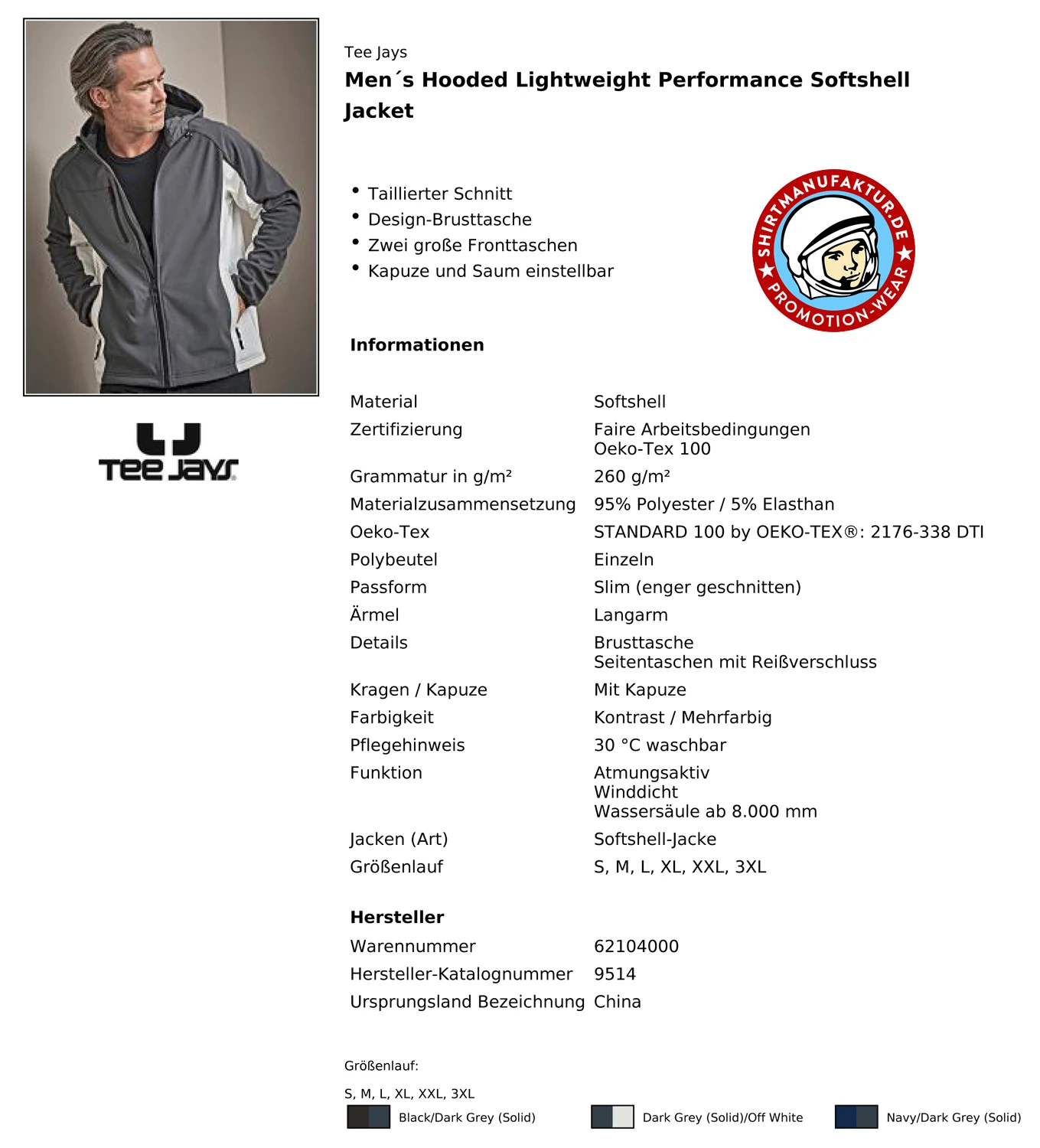 Tee Jays Mens Hooded Lightweight Performance Softshell Jacket
