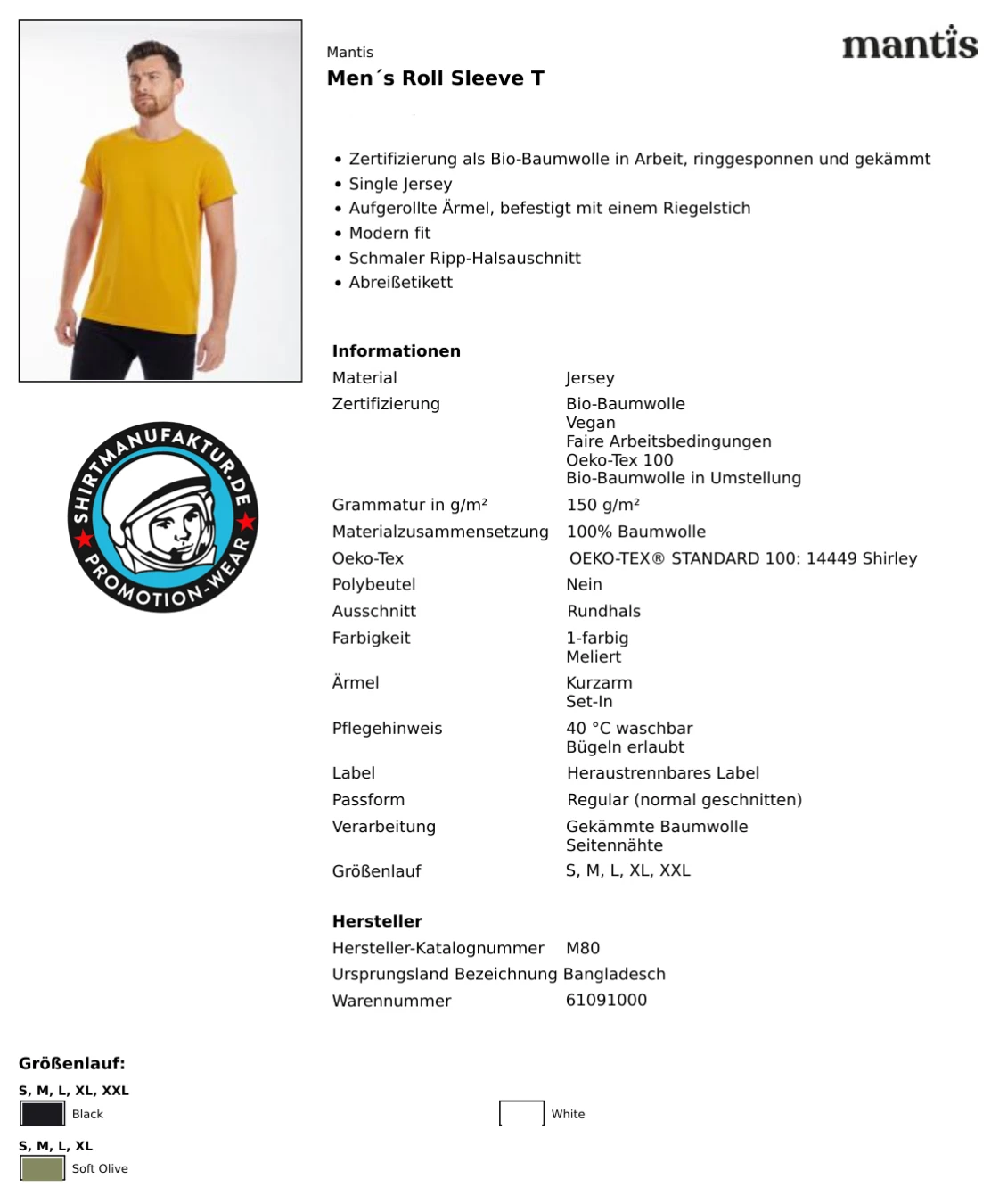 Mantis Mens Roll Sleeve T