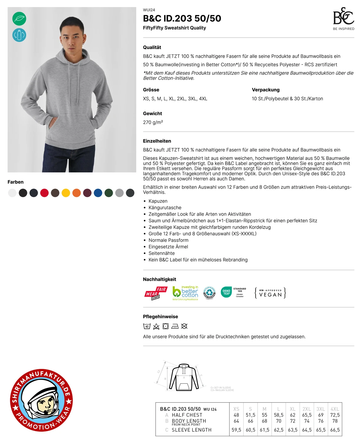B&C ID.203 50/50 Hooded Sweatshirt