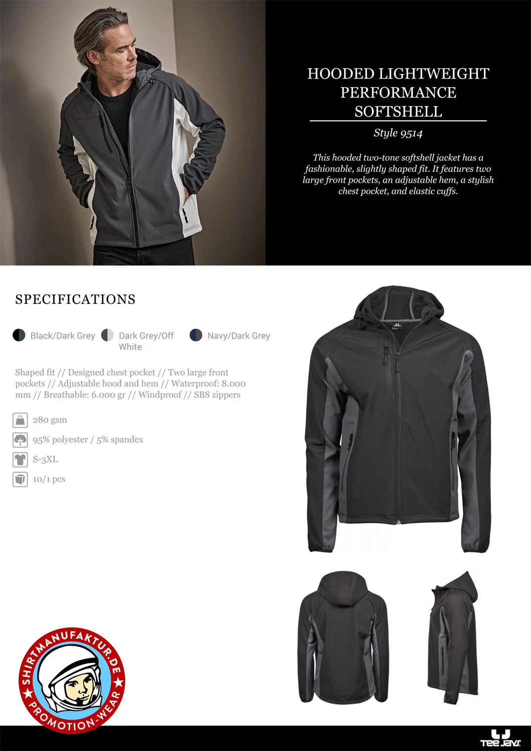 Tee Jays Mens Hooded Lightweight Performance Softshell Jacket