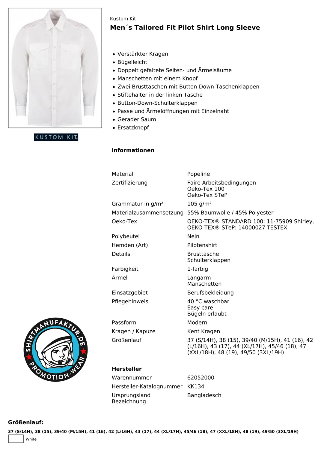 Kustom Kit Tailored Fit Pilot Shirt Longsleeve