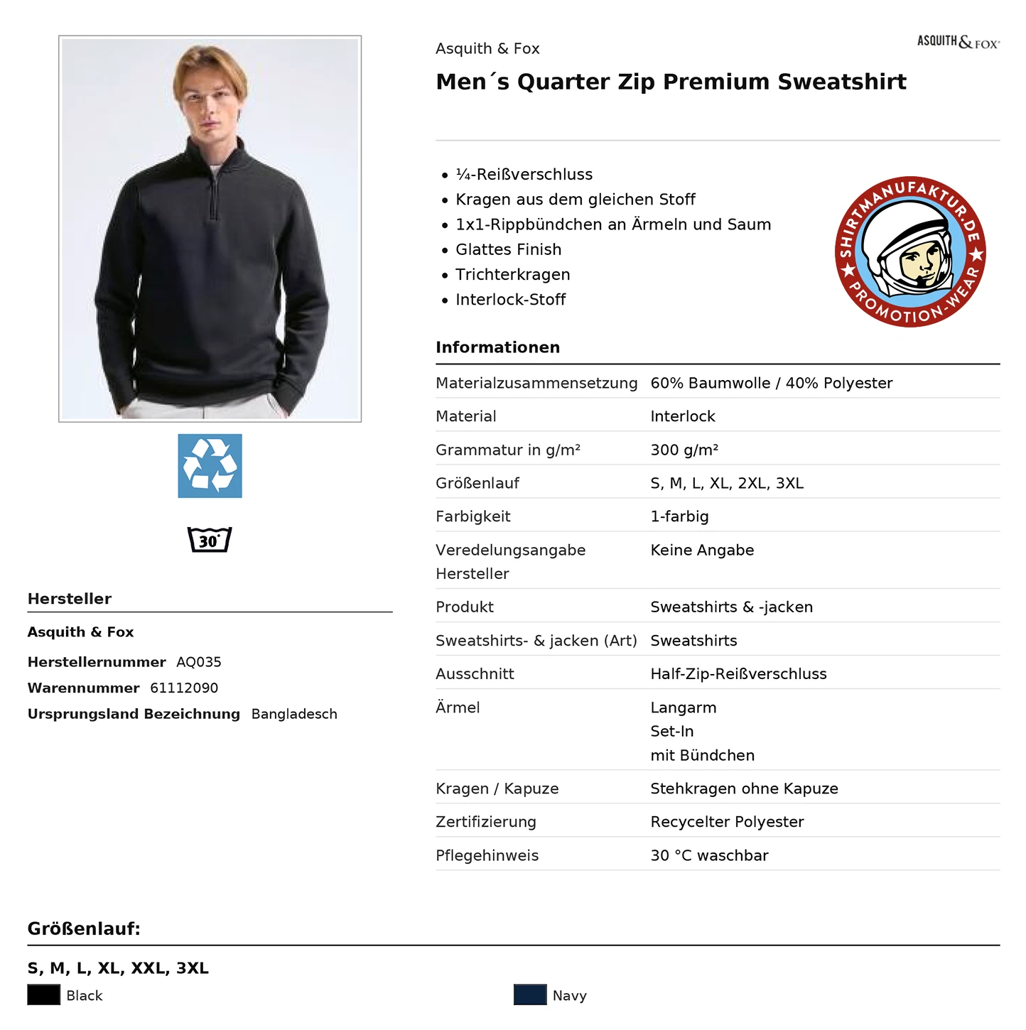 Asquith & Fox Mens Quarter Zip Premium Sweatshirt