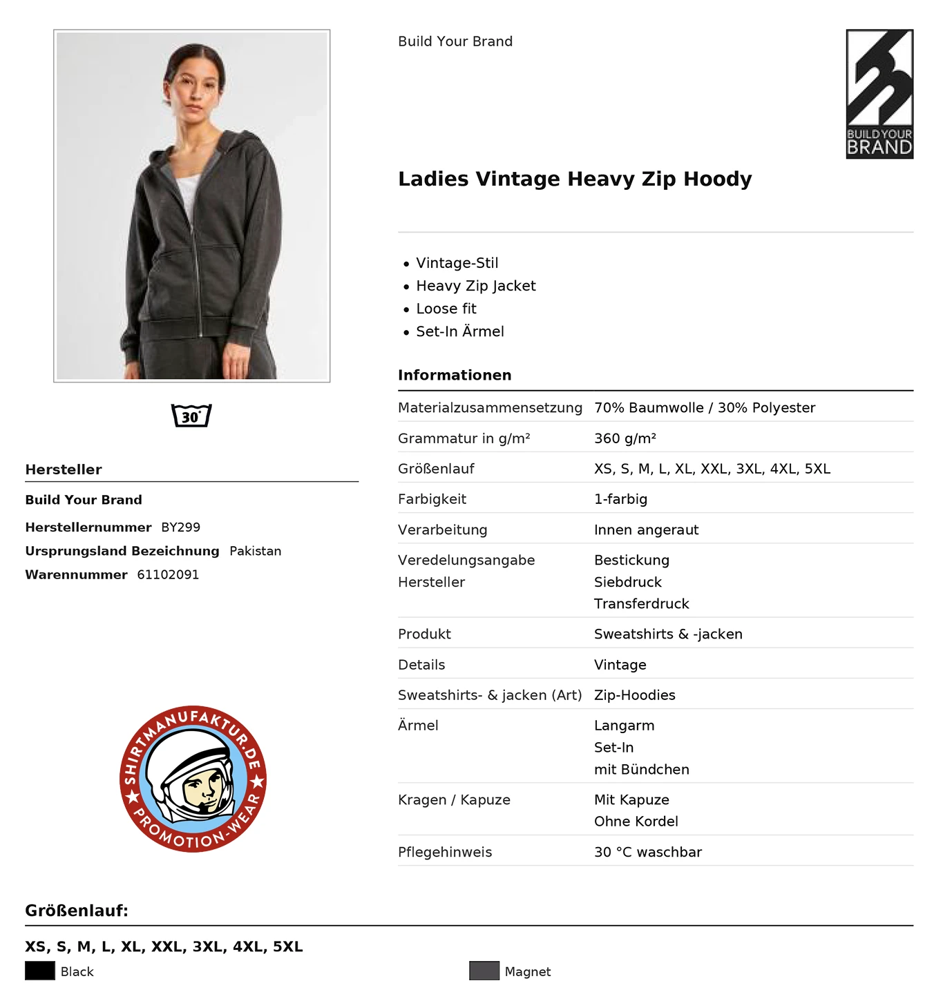 Build Your Brand Ladies Vintage Heavy Zip Hoodie