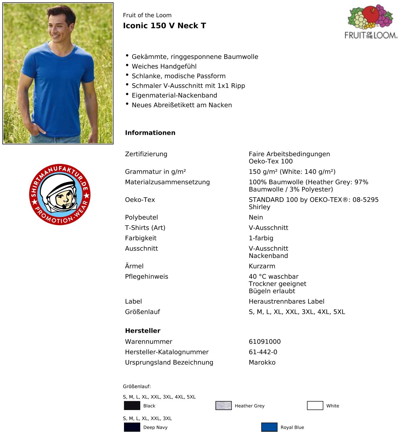 Fruit of the Loom Iconic 150 V-Neck T