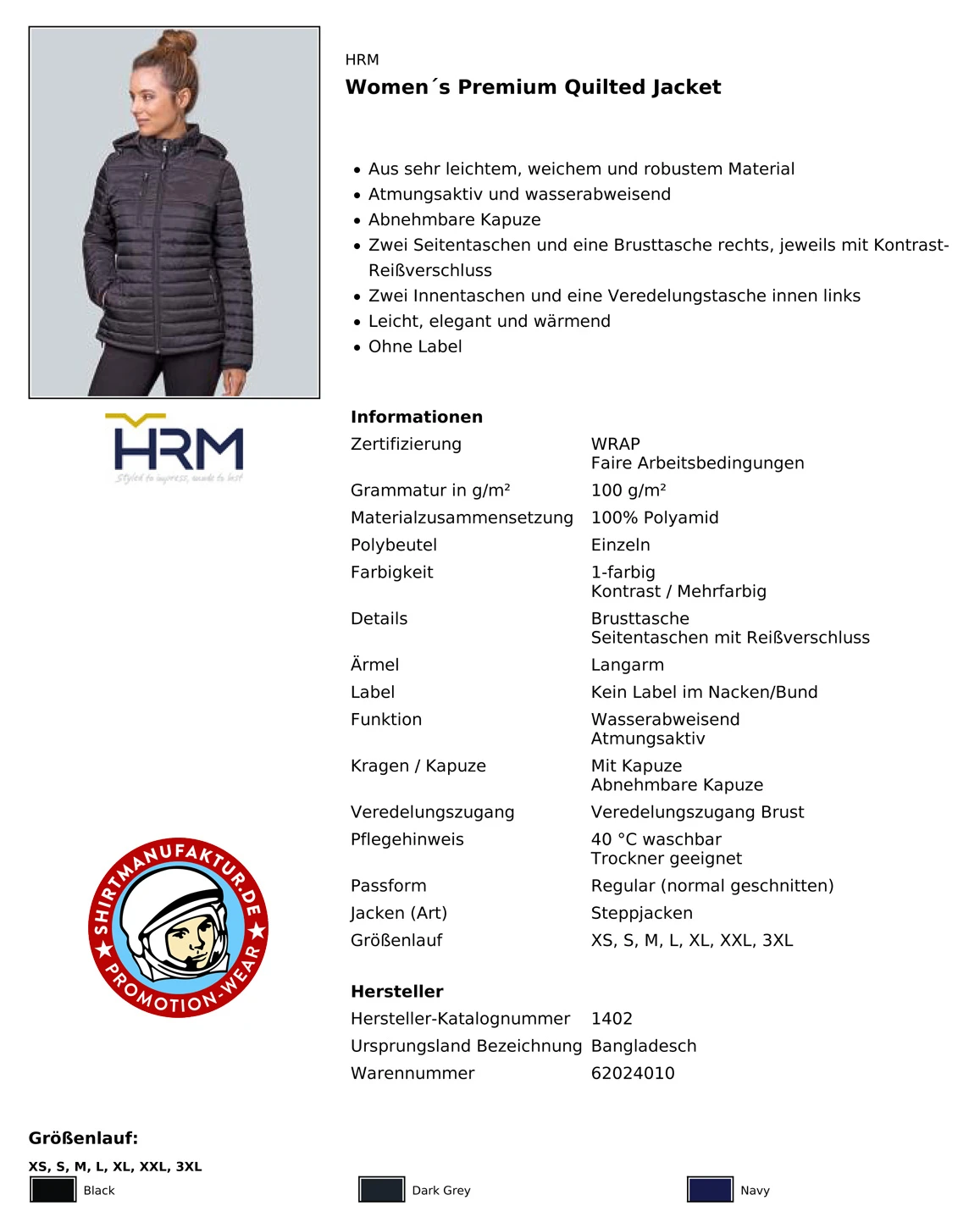HRM Womens Premium Quilted Jacket