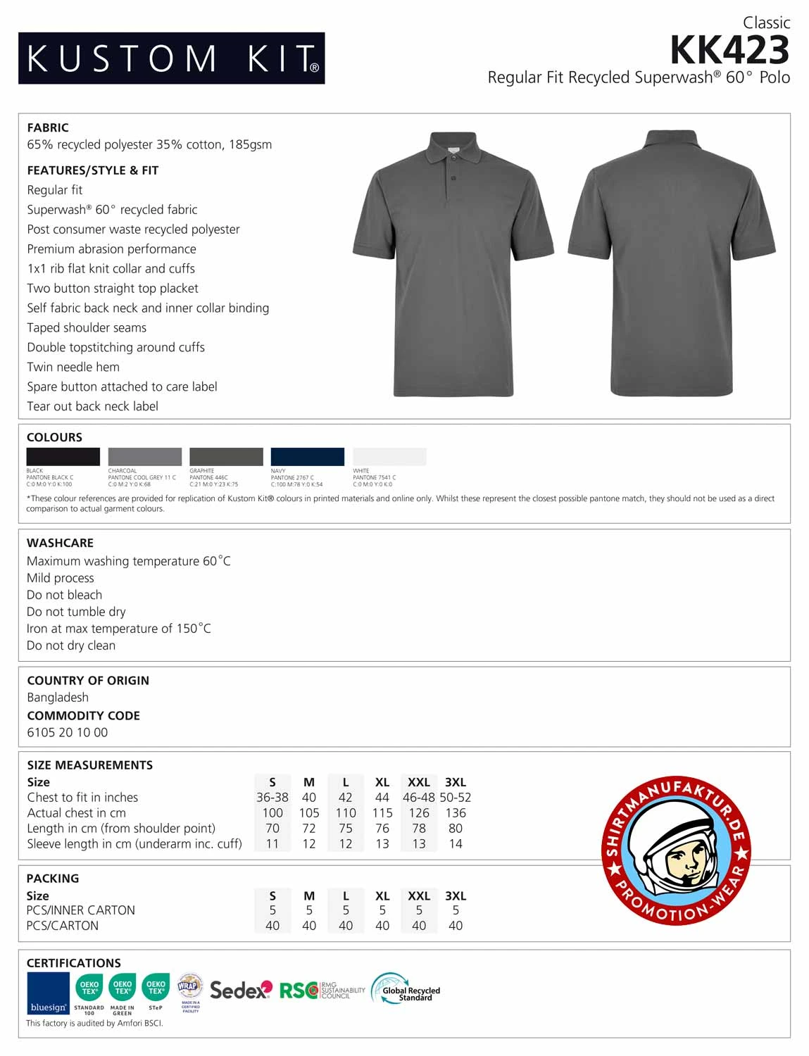 Kustom Kit Recycled Superwash 60° Polo