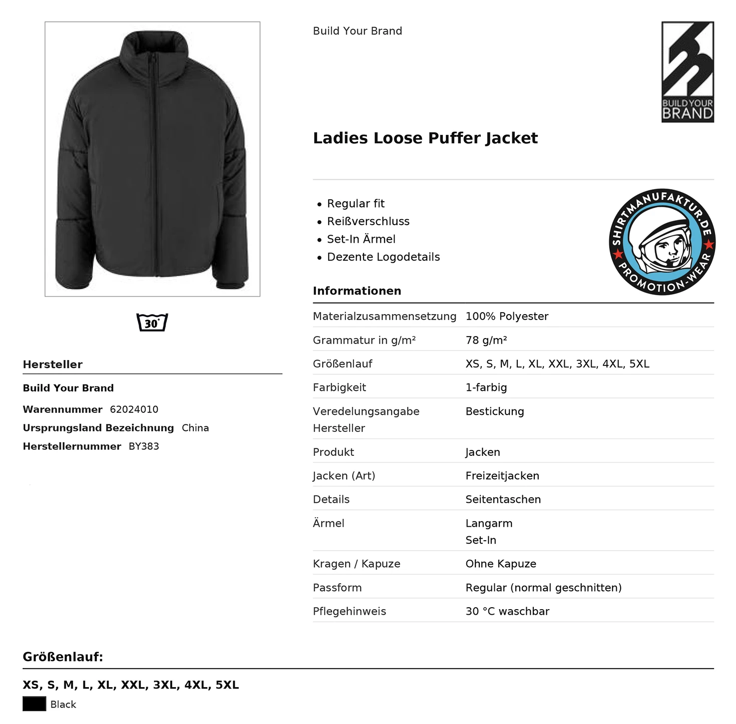 Build Your Brand Ladies Loose Puffer Jacket