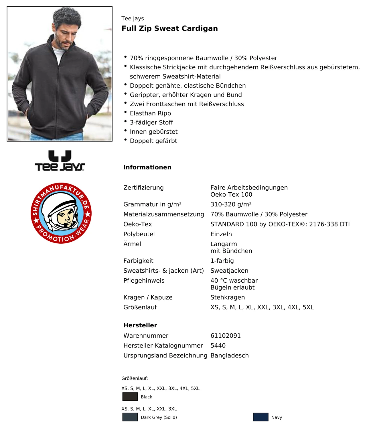 Tee Jays Full Zip Sweat Cardigan