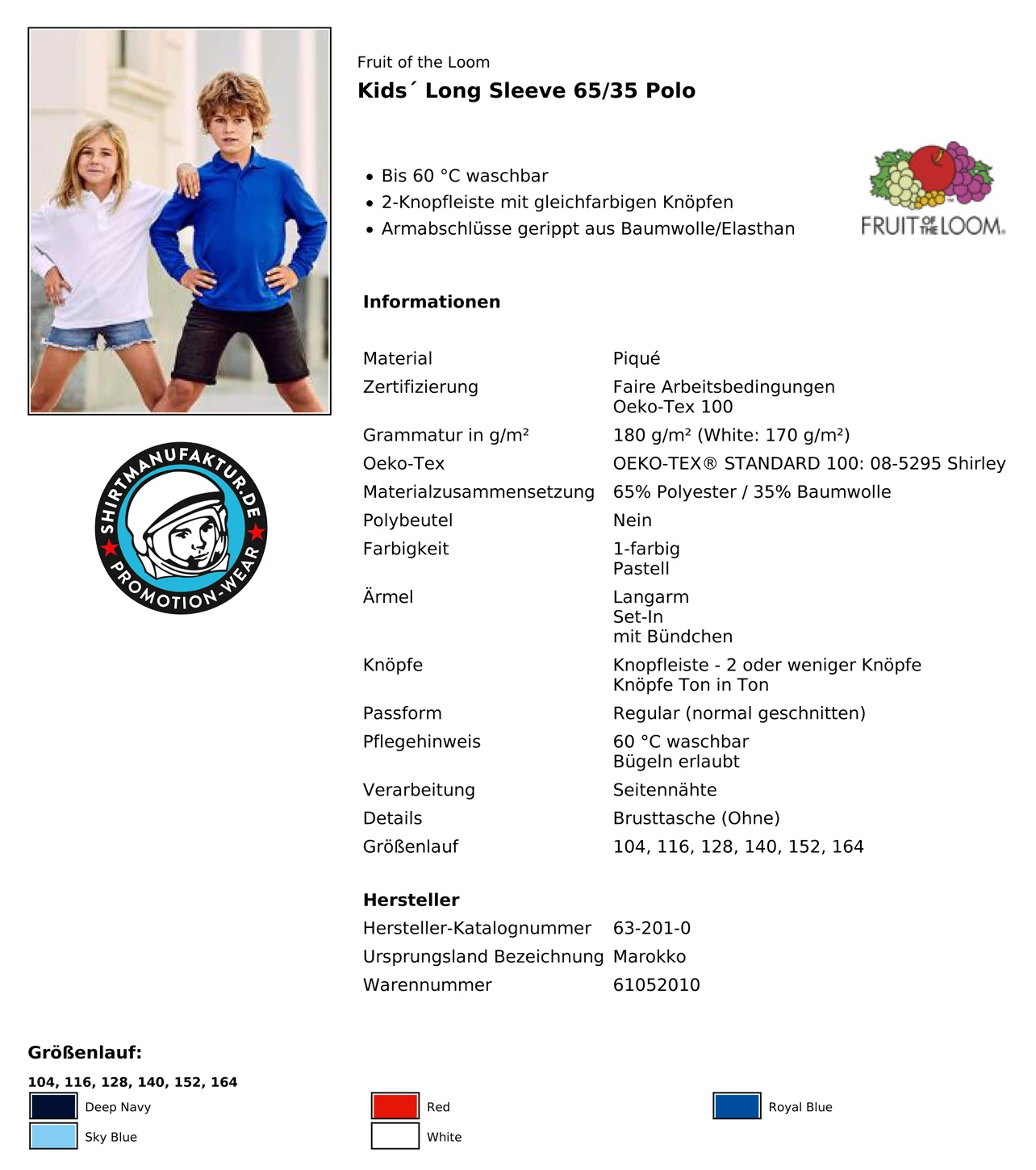 Fruit of the Loom Kids Longsleeve 65/35 Polo