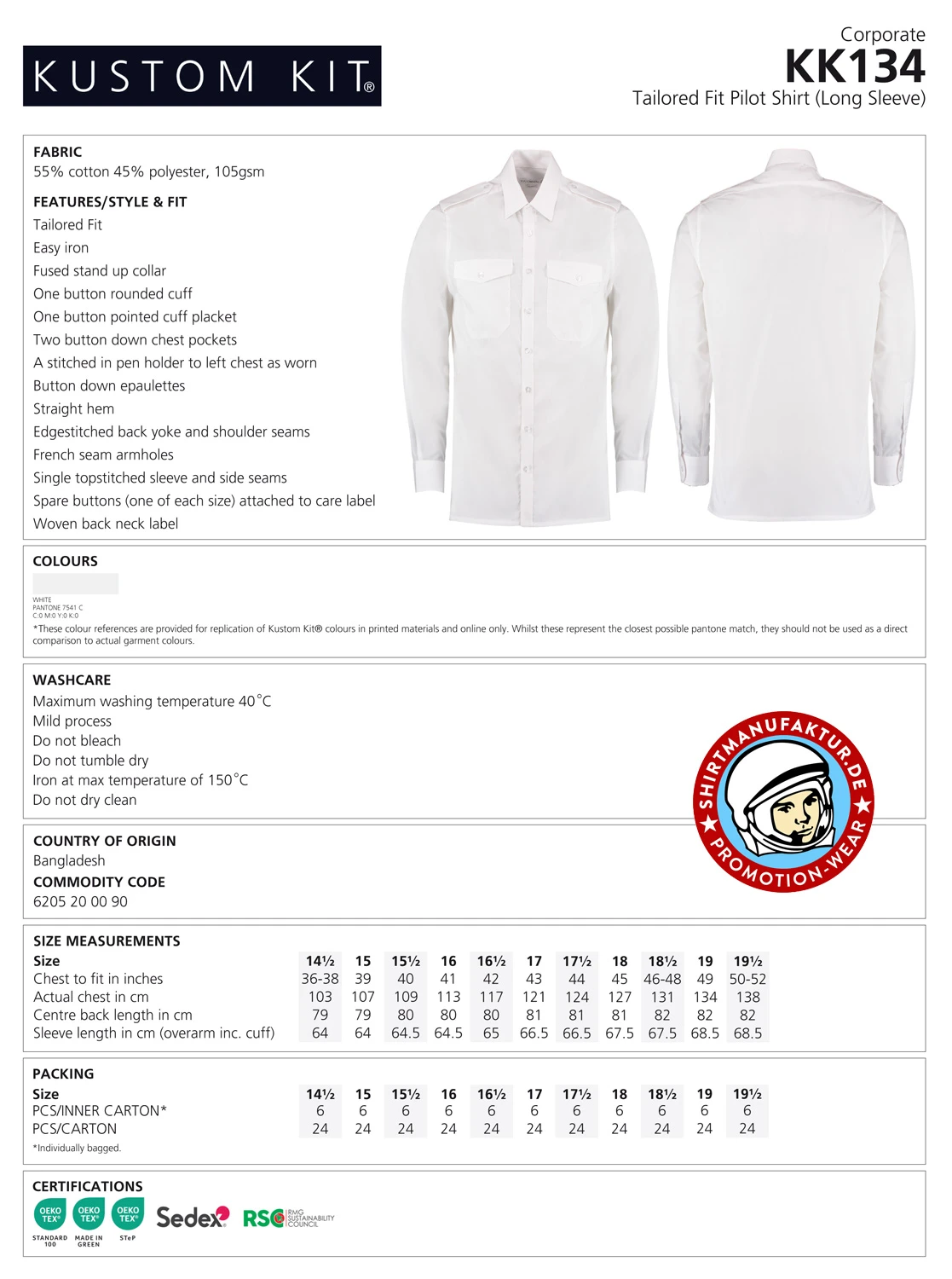 Kustom Kit Tailored Fit Pilot Shirt Longsleeve