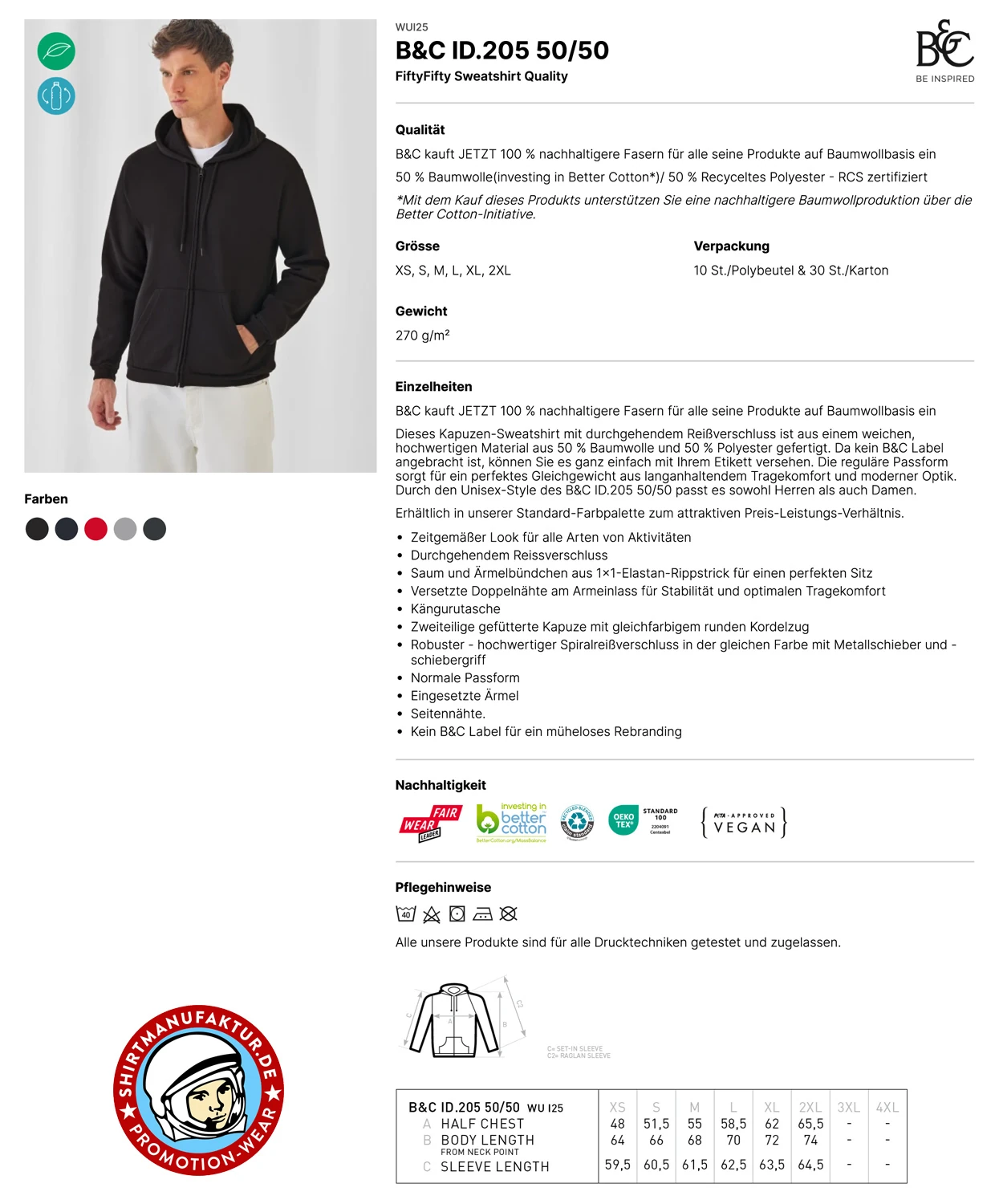 B&C ID.205 Hooded Sweat Jacket 50/50
