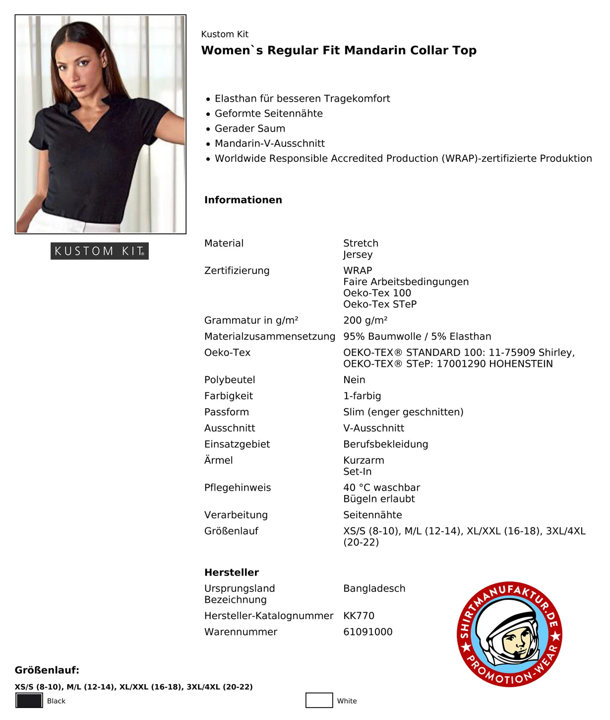 Kustom Kit Womens V-Neck Mandarin Collar Corporate Top