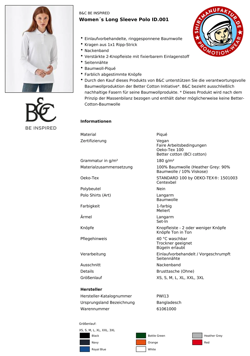 B&C Womens Longsleeve Polo ID.001