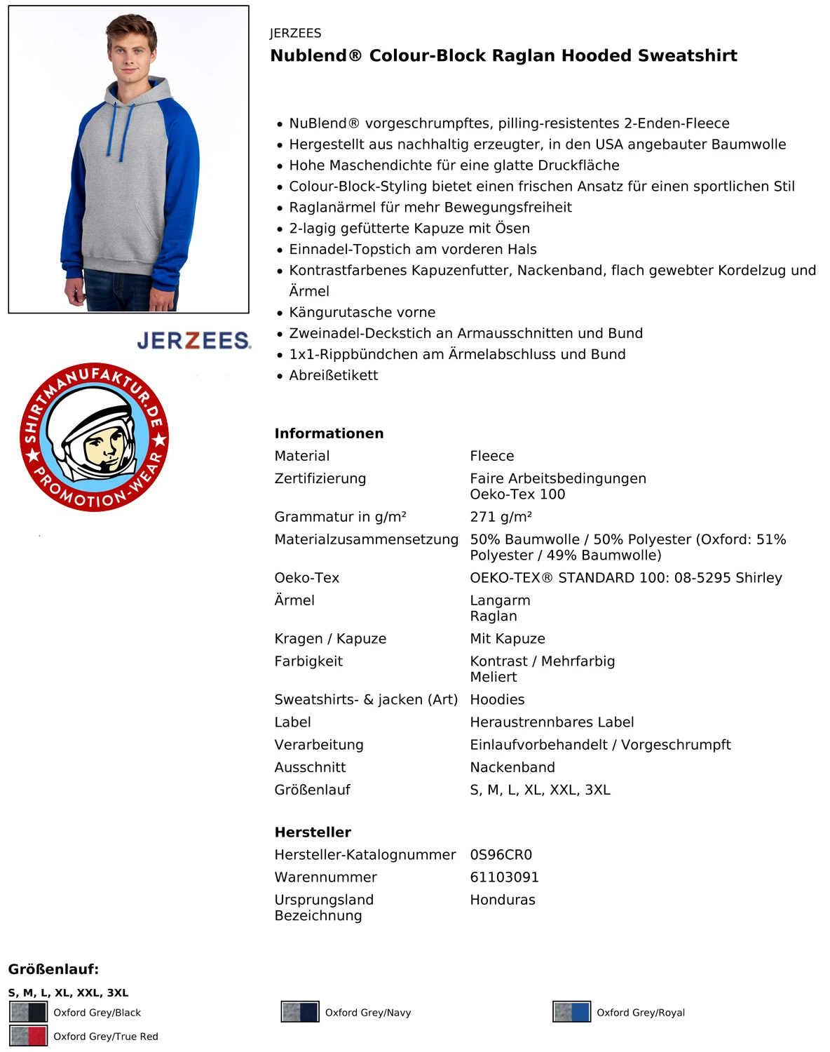 Datenblatt, Jerzees Raglan-Hoodie 0S96CR0