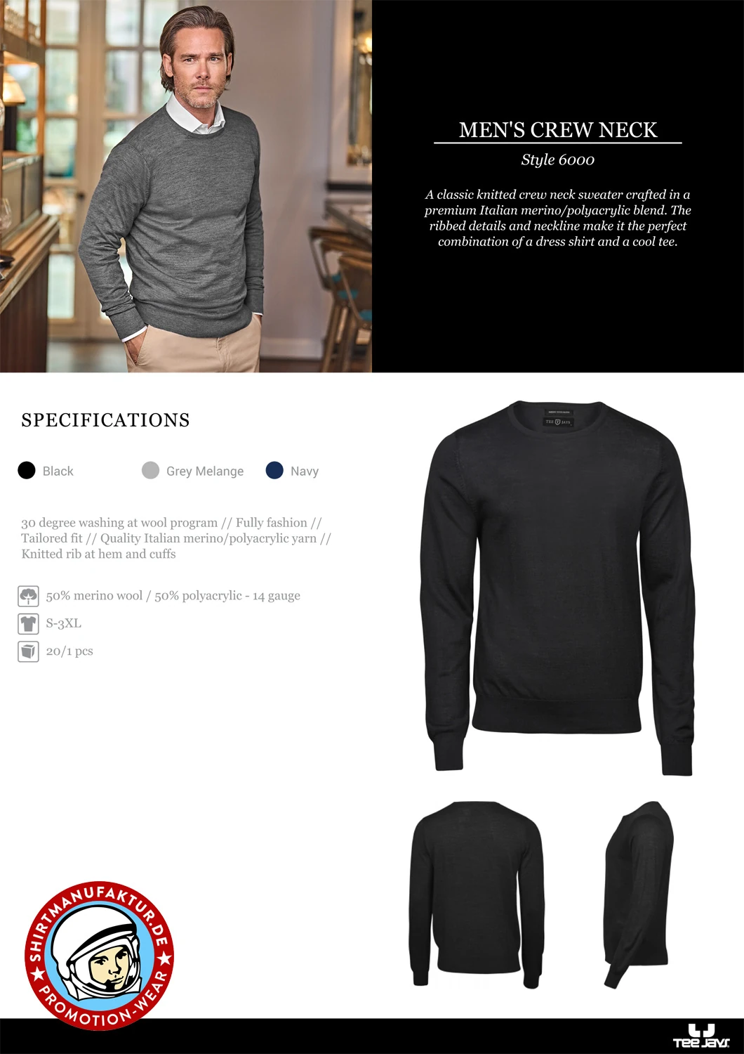 Tee Jays Mens Crew Neck Sweater