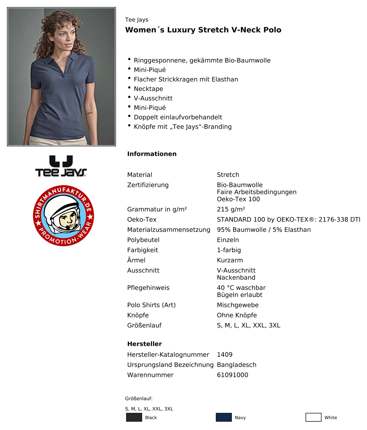 Tee Jays Womens Luxury Stretch V-Neck Polo