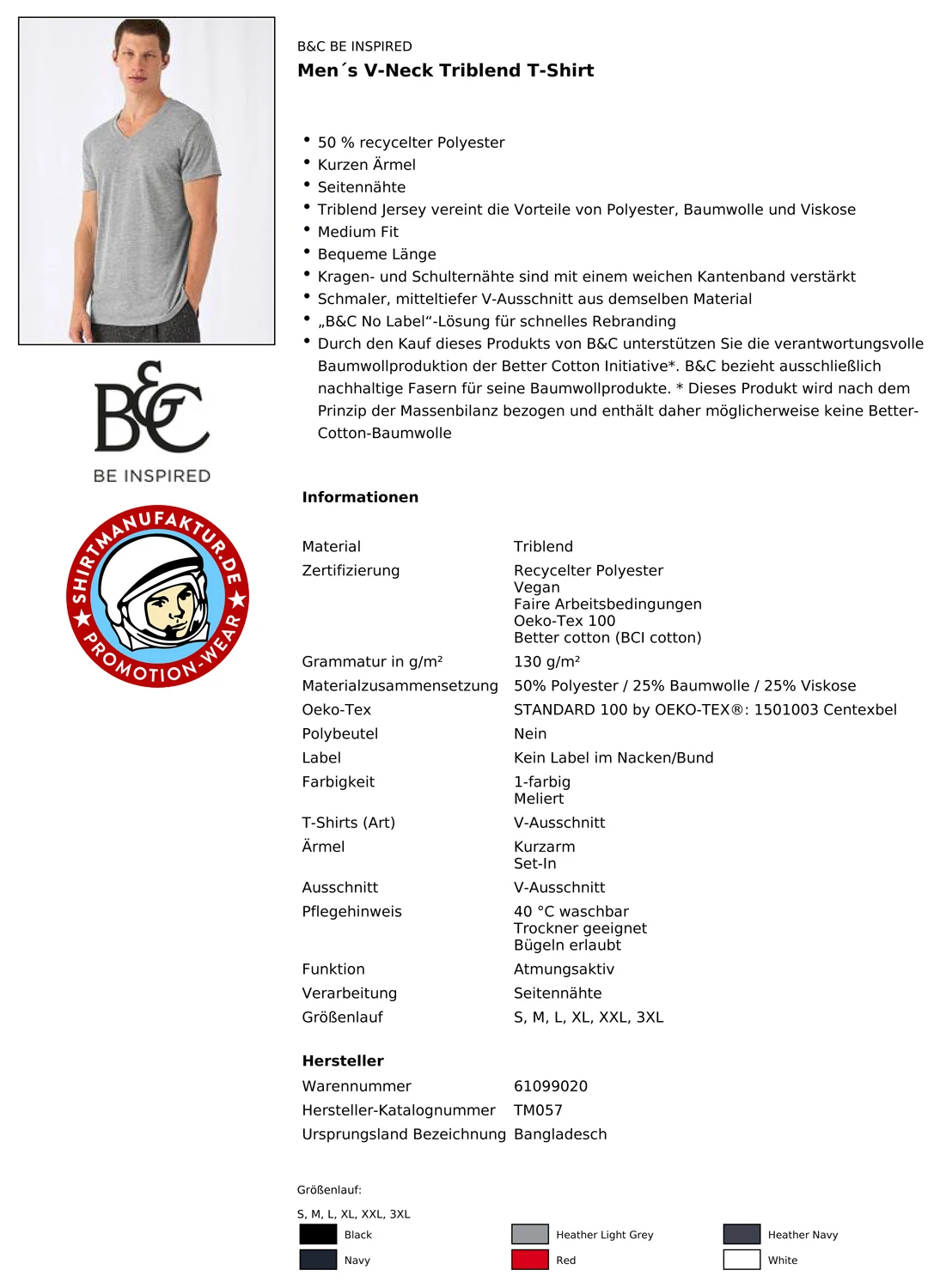 B & C Mens V-Neck Triblend T-Shirt
