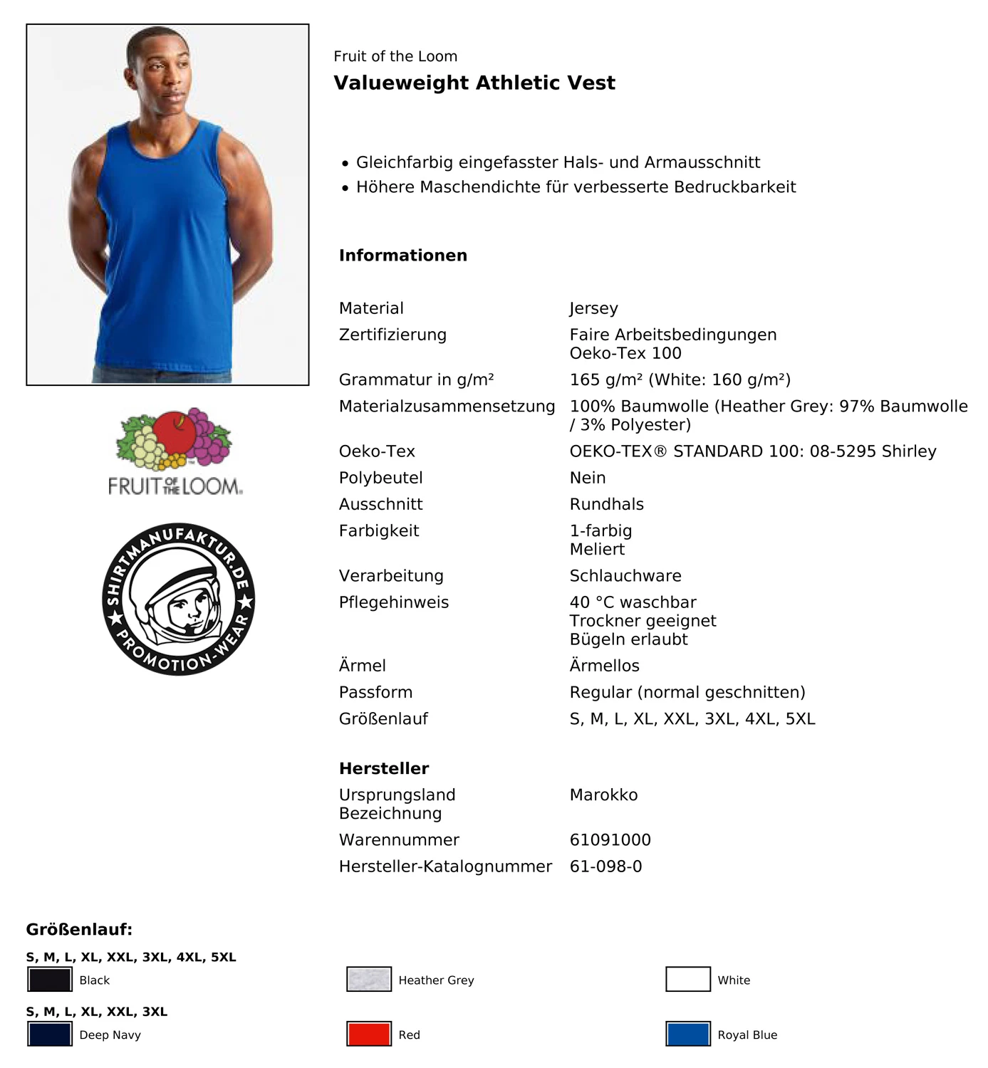 Fruit of the Loom Valueweight Athletic Vest