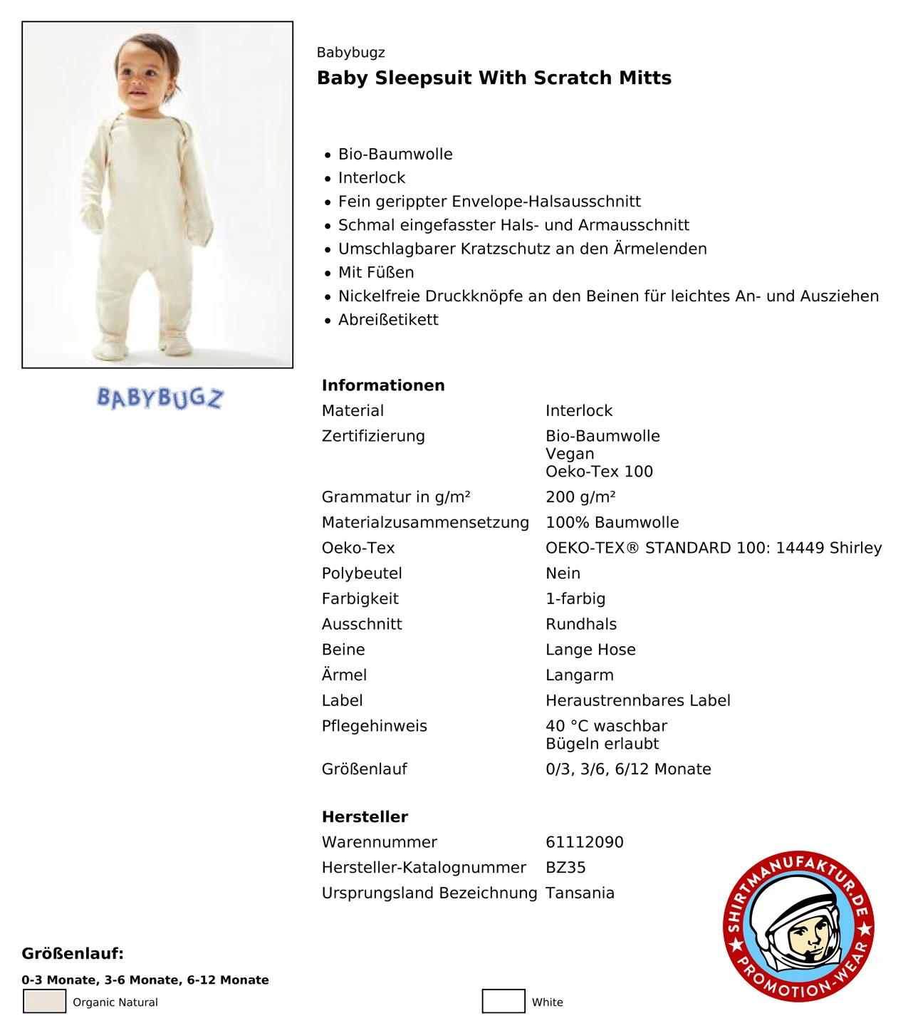 Babybugz Baby Sleepsuit with Scratch Mitts