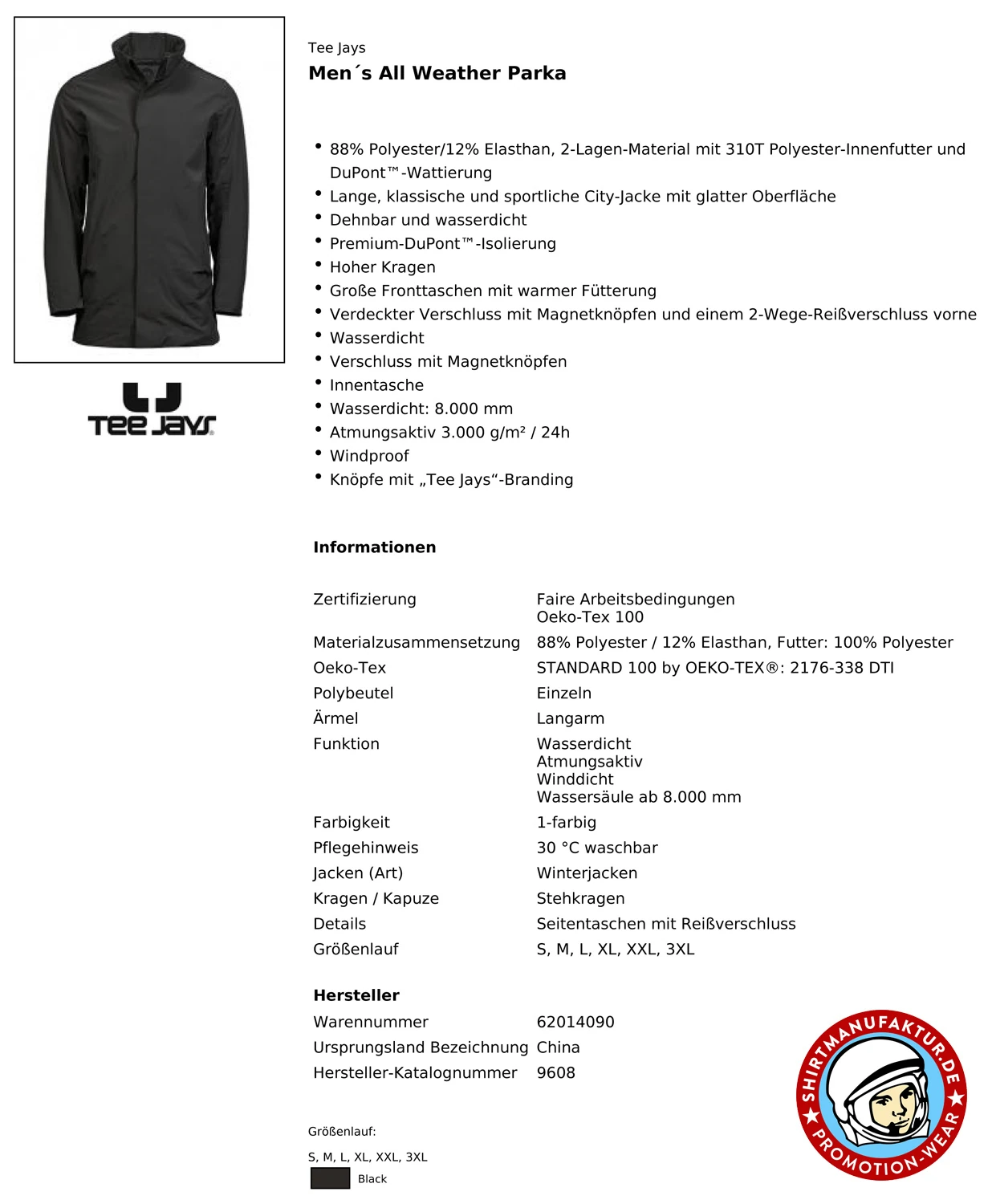 Tee Jays Mens All Weather Parka 