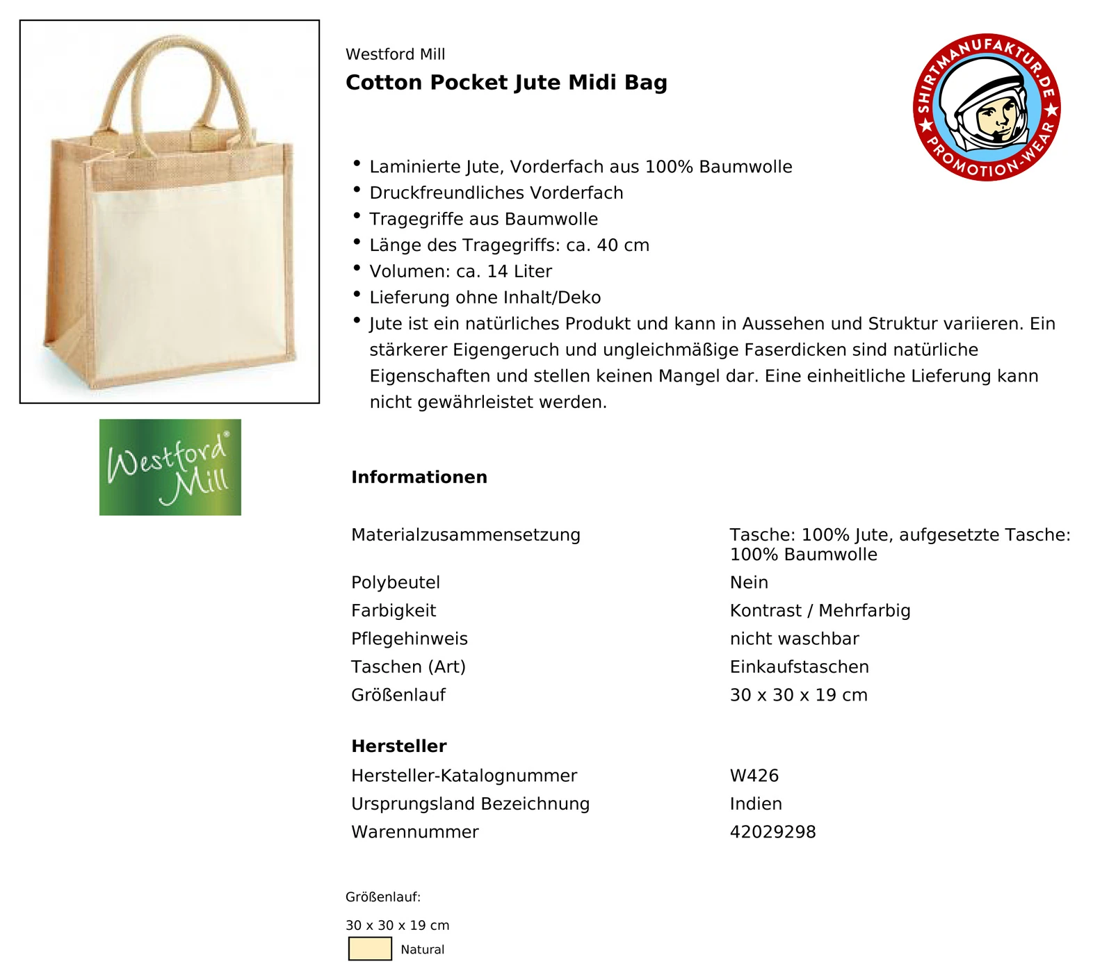 Westford Mill Cotton Pocket Jute Midi Bag
