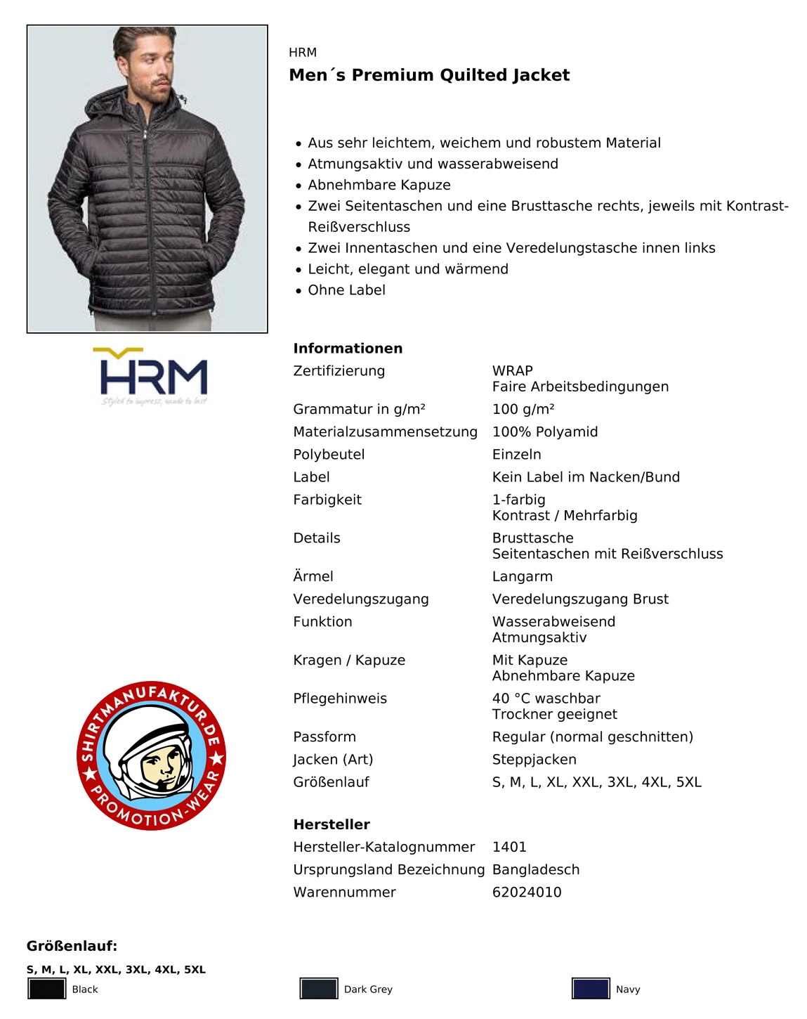 HRM Mens Premium Quilted Jacket