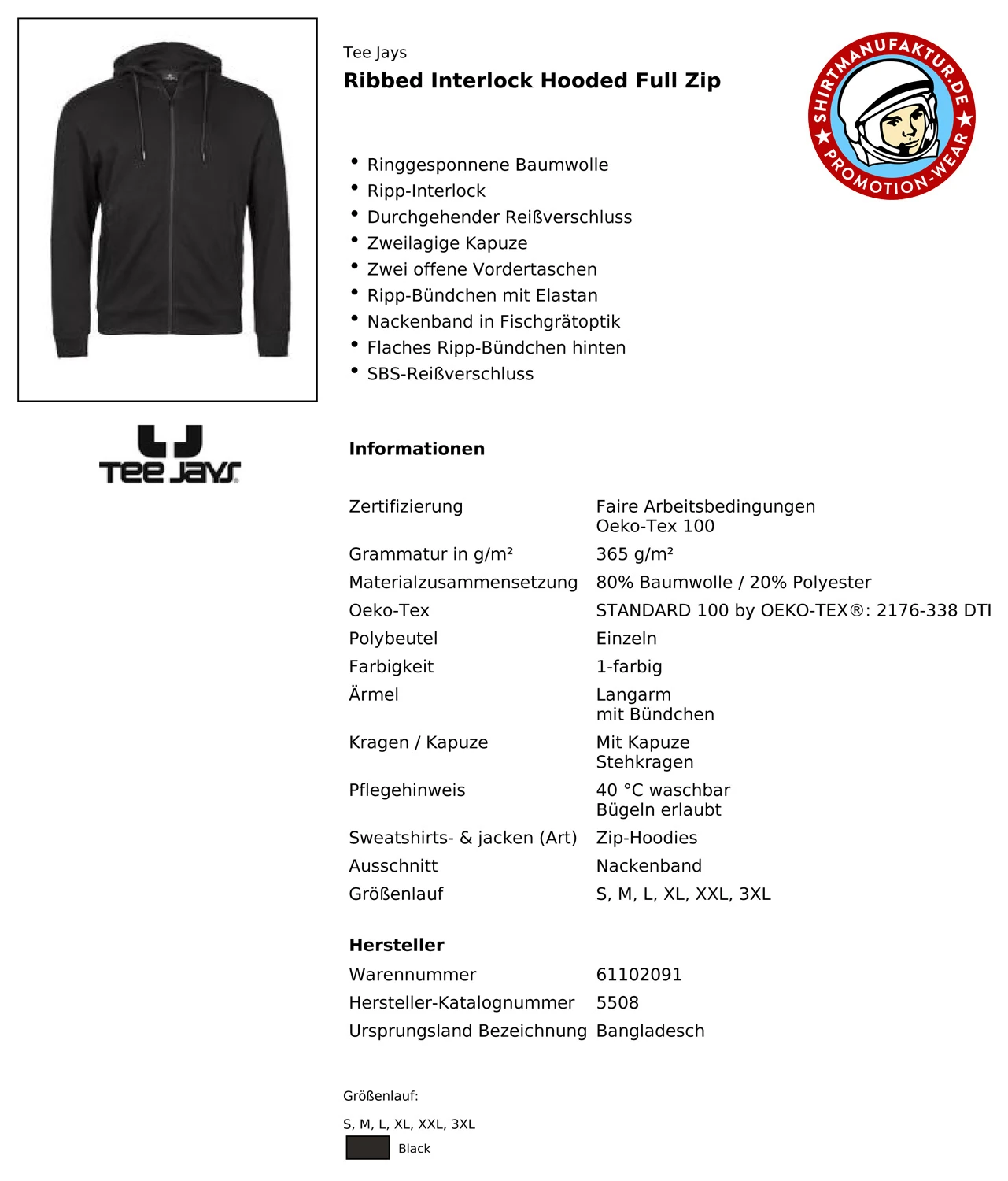 Tee Jays Ribbed Interlock Hooded Full Zip