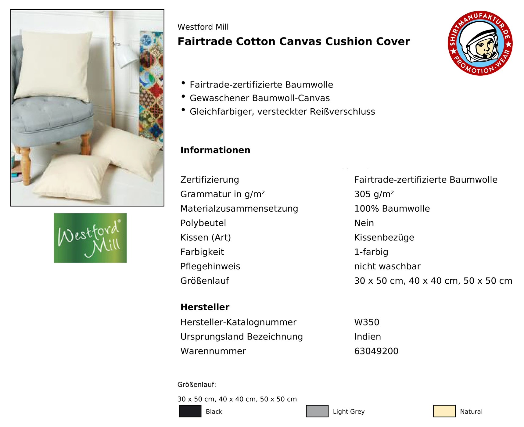 Westford Mill Fairtrade Cotton Canvas Cushion Cover