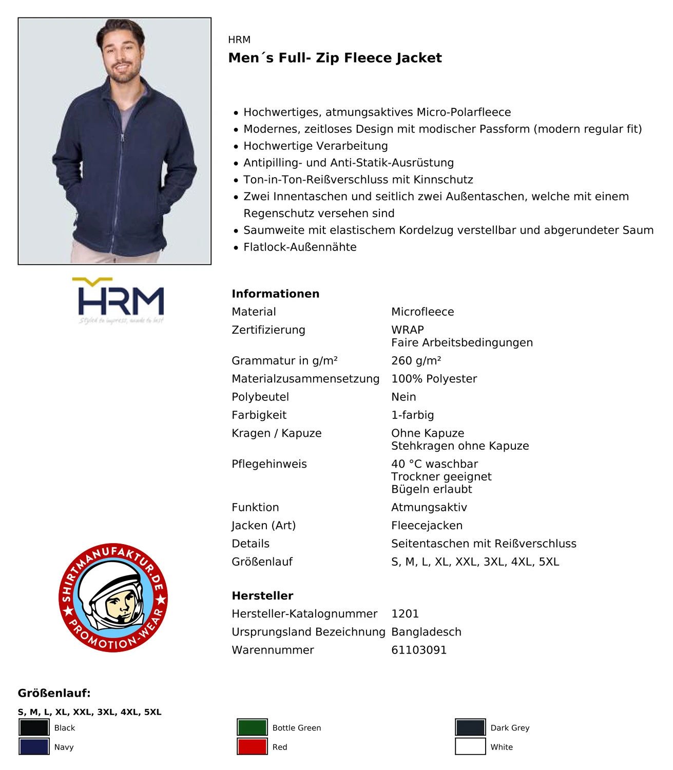HRM Mens Full-Zip Fleece Jacket